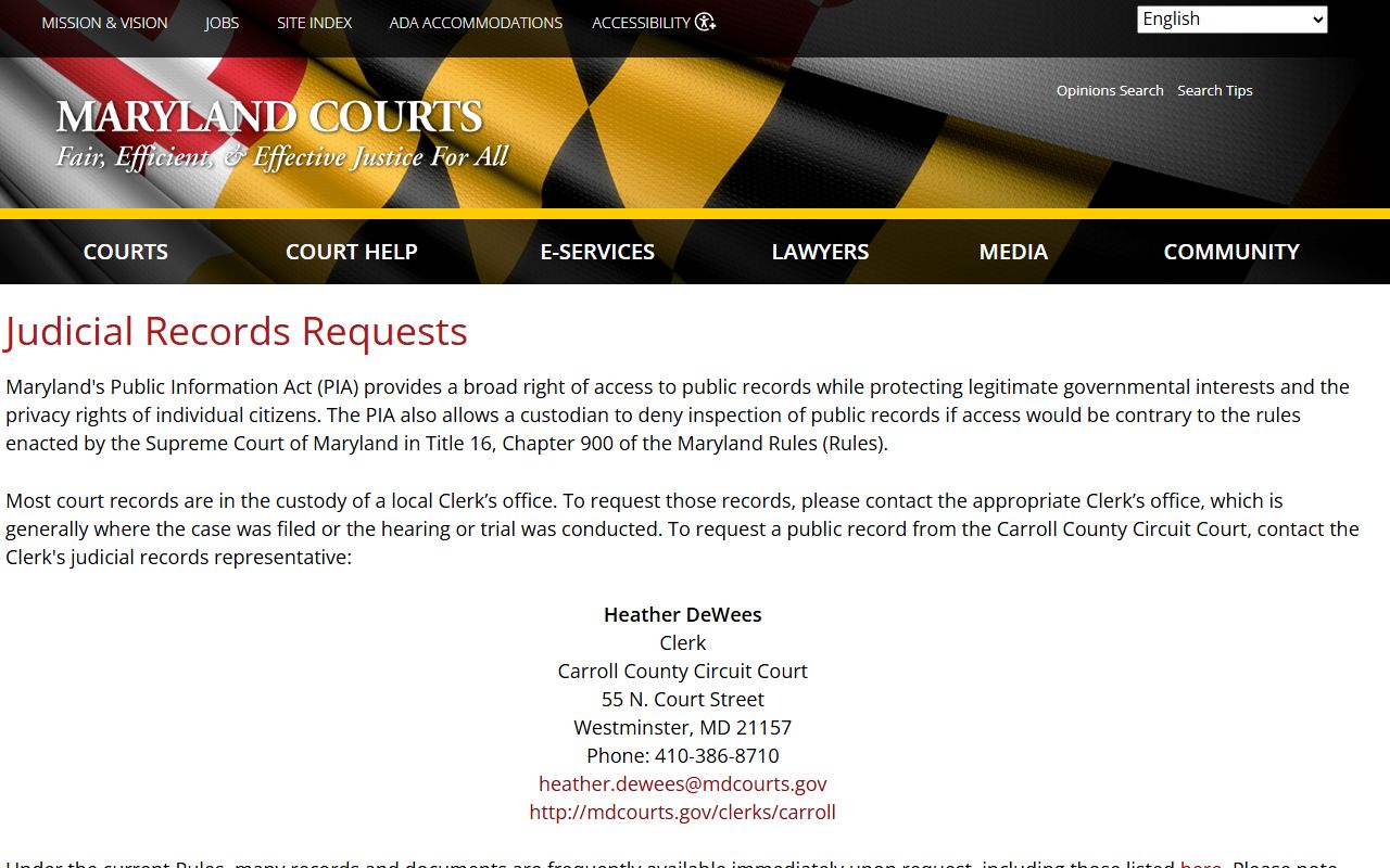 Carroll County Clerk of the Circuit Court judicial records request page