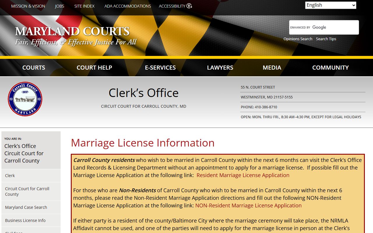 Carroll County marriage records page from the Clerk of the Circuit Court