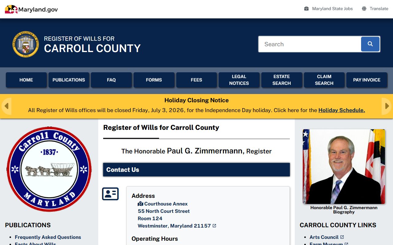 Carroll County probate records Register of Wills office page