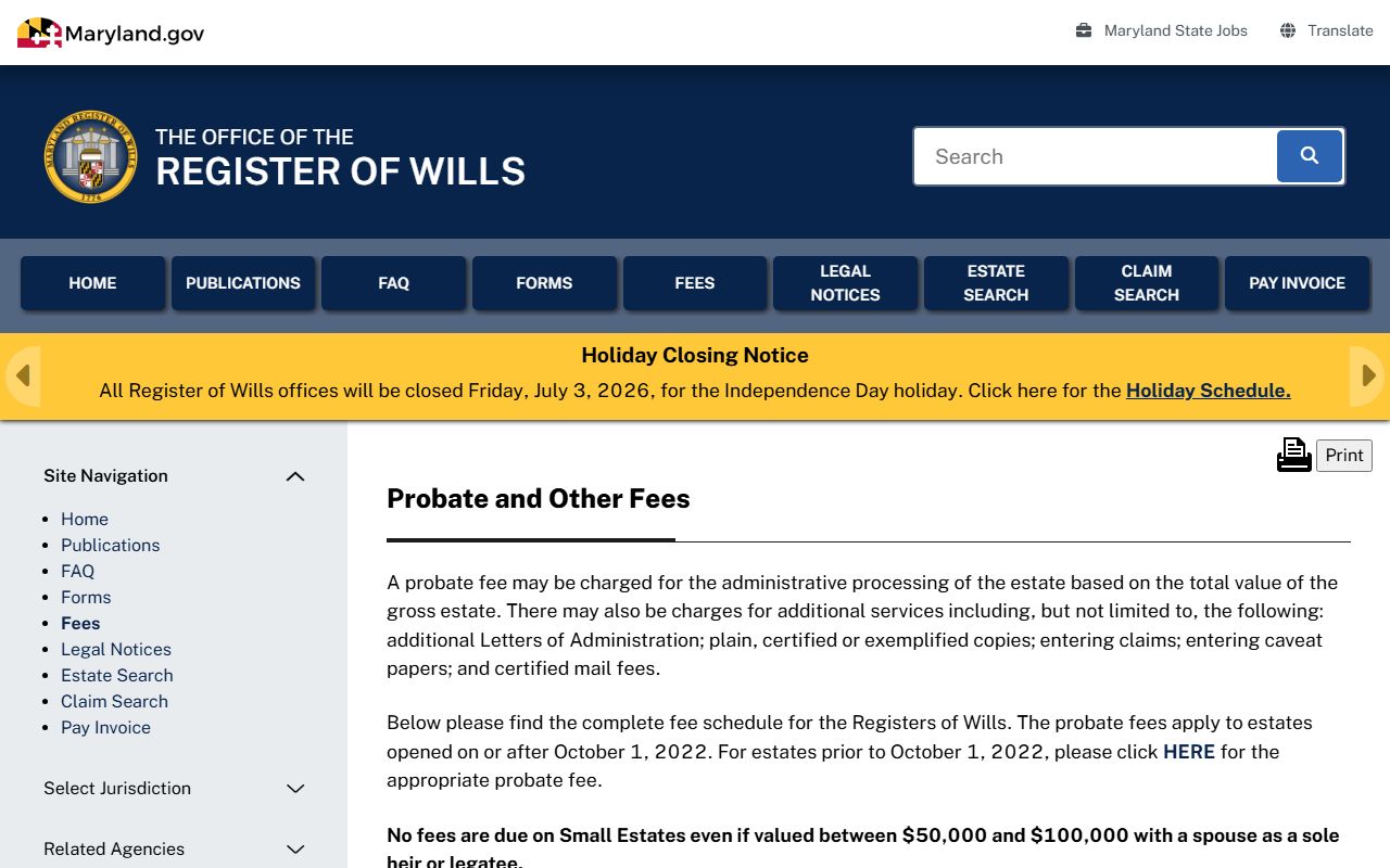 Carroll County probate records Register of Wills fee schedule