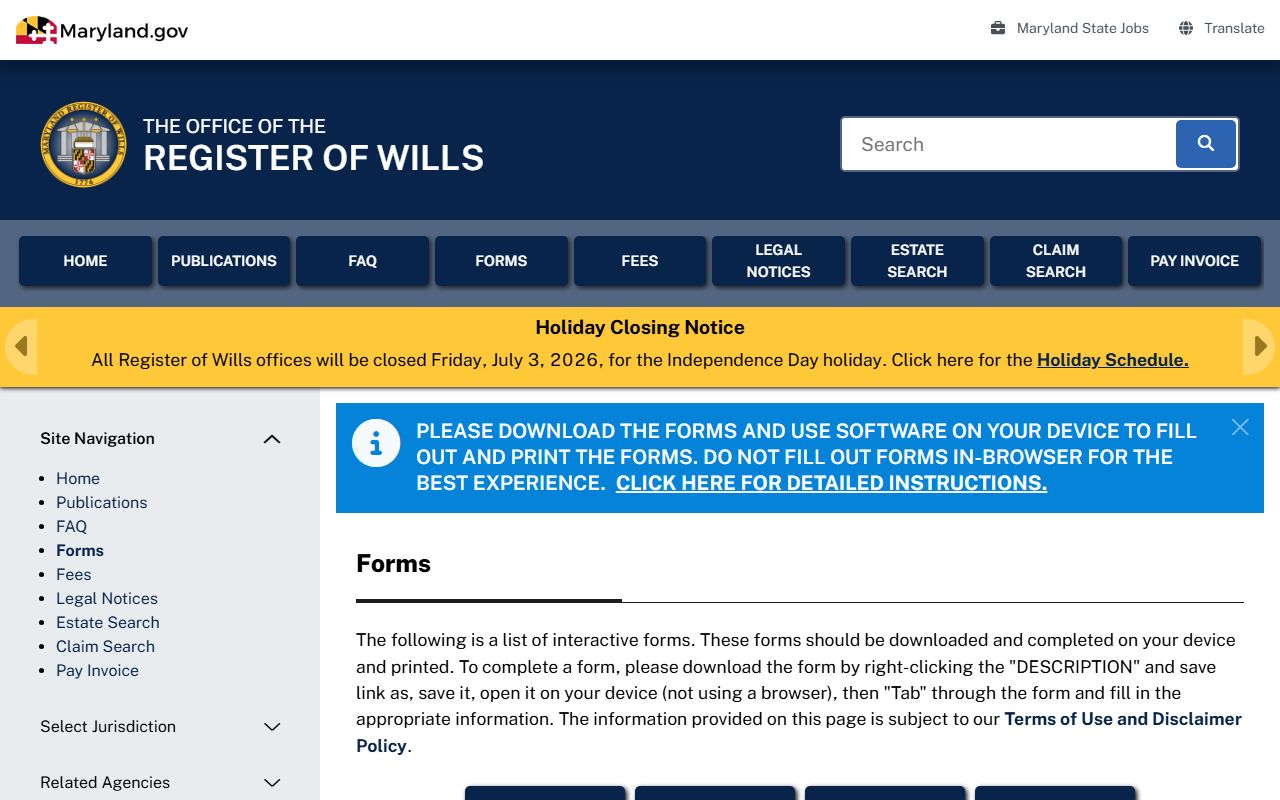 Carroll County probate records Register of Wills forms page