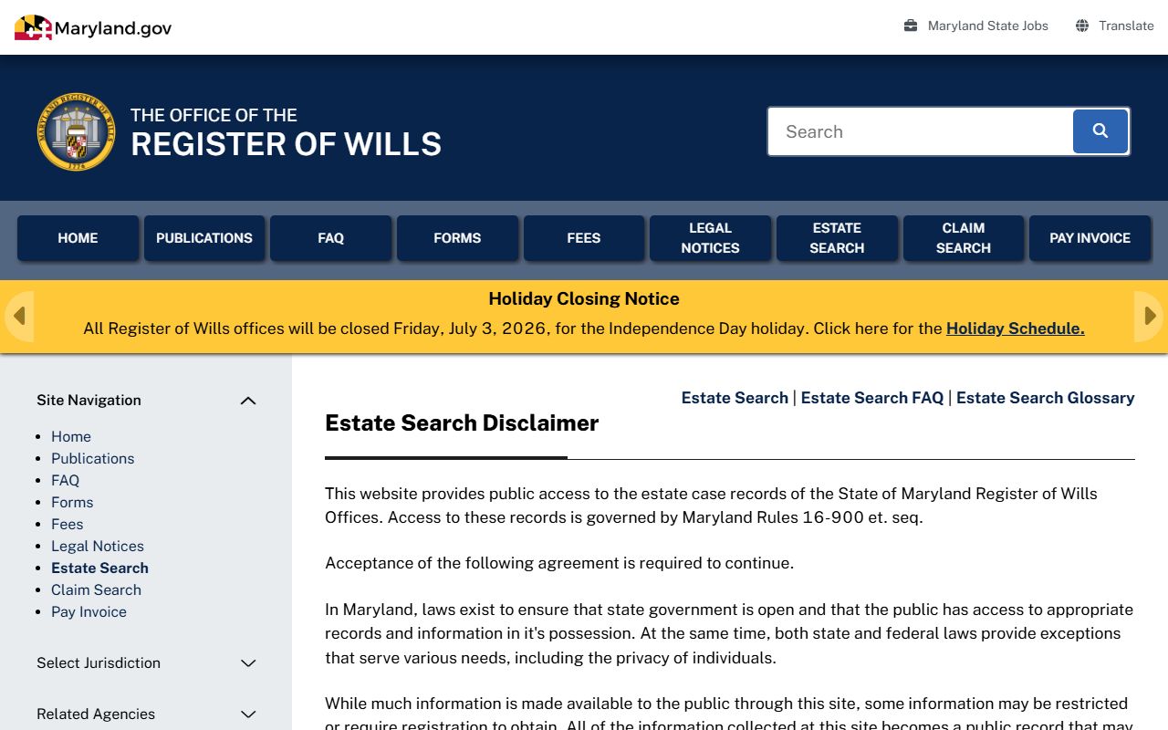 Carroll County probate records Estate Search portal